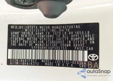 2016 Toyota Corolla S Plus z USA, uszkodzony, nr VIN 5YFBURHE4GP505153